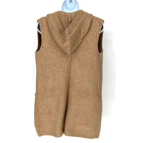 Tahari Womens Wool Blend‎ Sleeveless Open Front Knit Hoodie Sweater Tan Small Sweaters